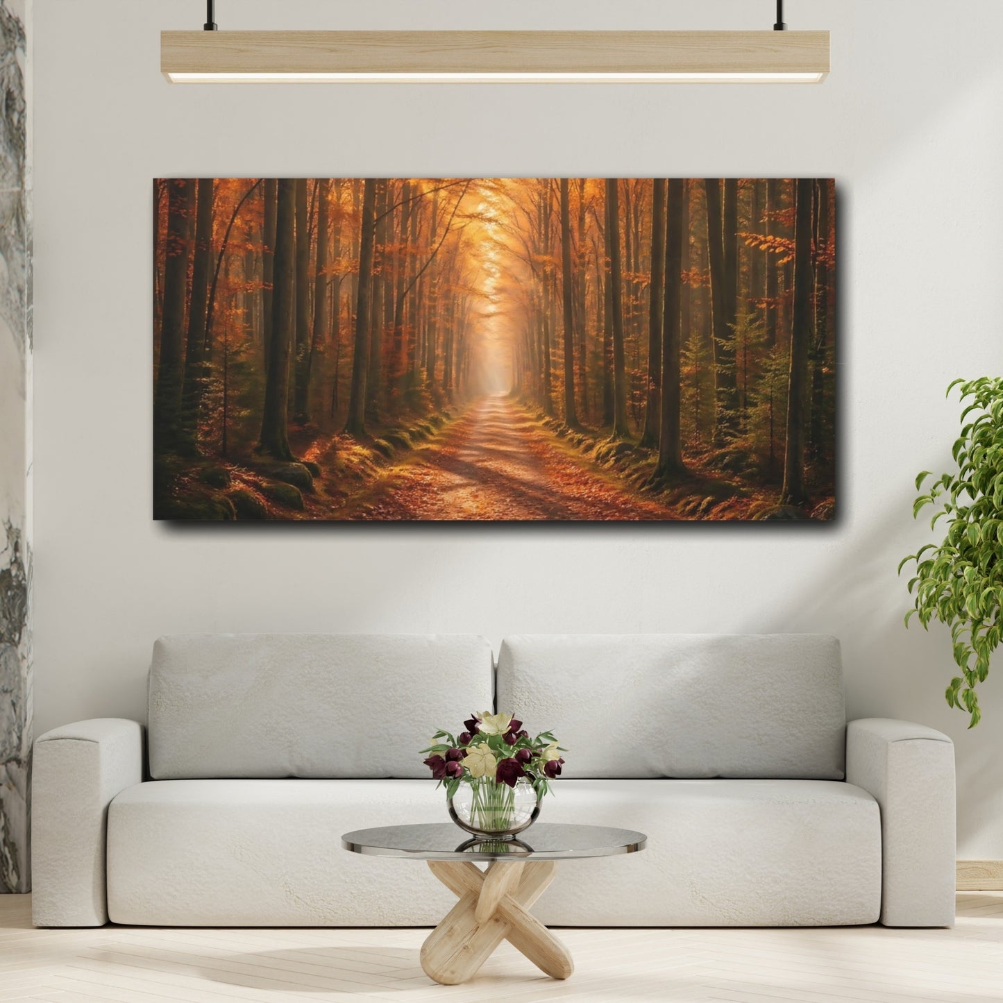 Mockup 3. Nature Autumn Forest Autumn Forest Path shown as stretched canvas wall art
