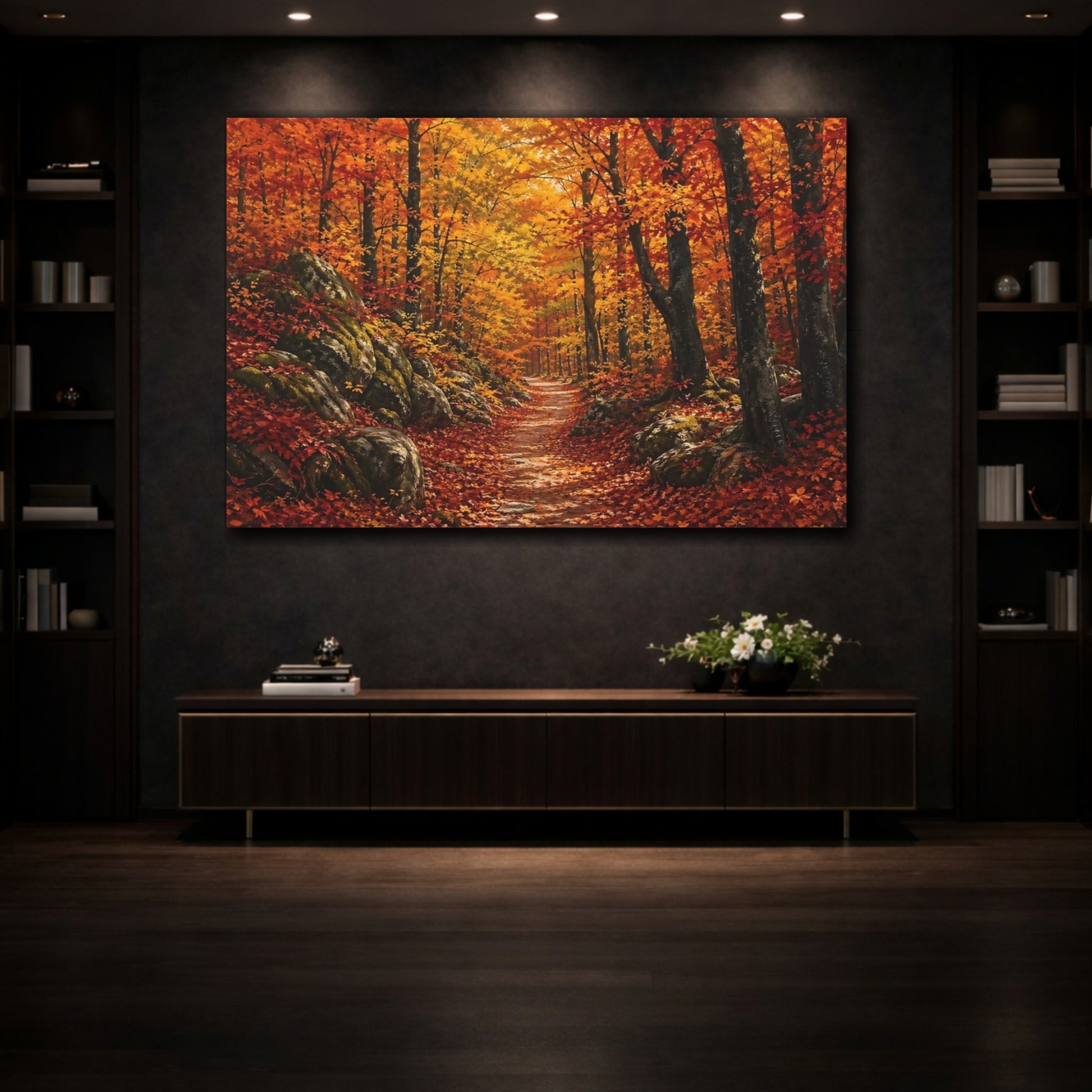 Mockup 3. Nature Autumn Forest Autumn Forest Path shown as stretched canvas wall art