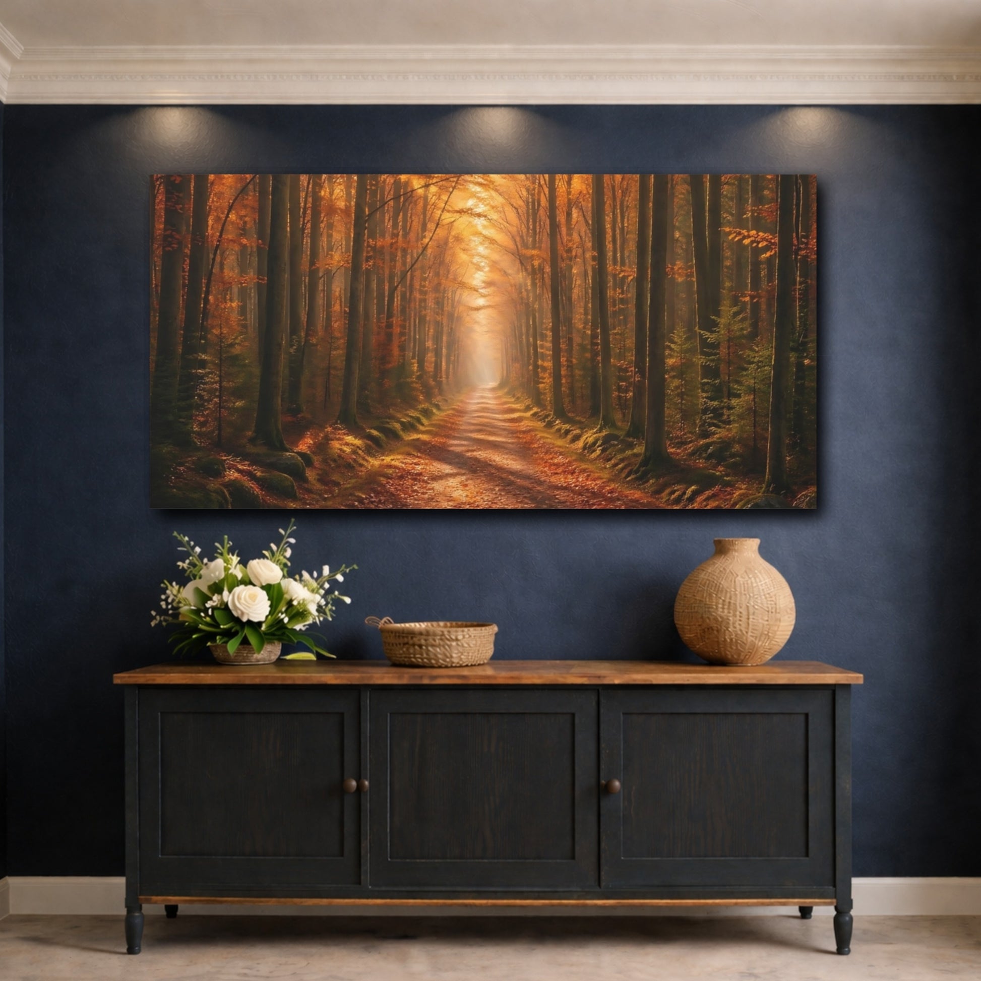 Mockup 4. Nature Autumn Forest Autumn Forest Path shown as stretched canvas wall art