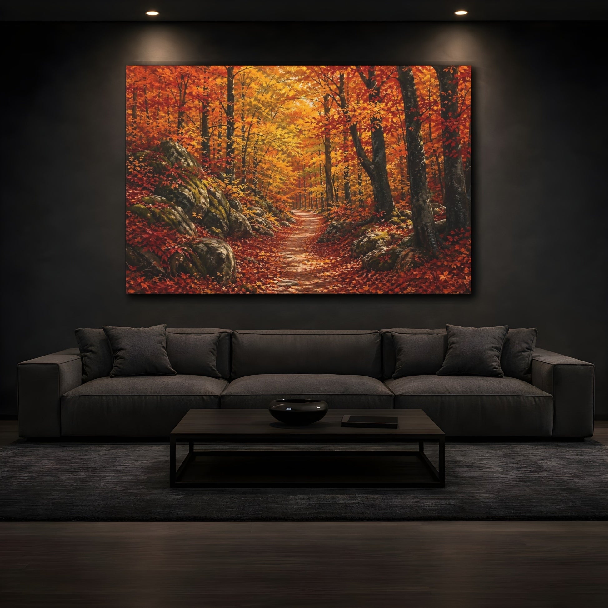 Mockup 4. Nature Autumn Forest Autumn Forest Path shown as stretched canvas wall art