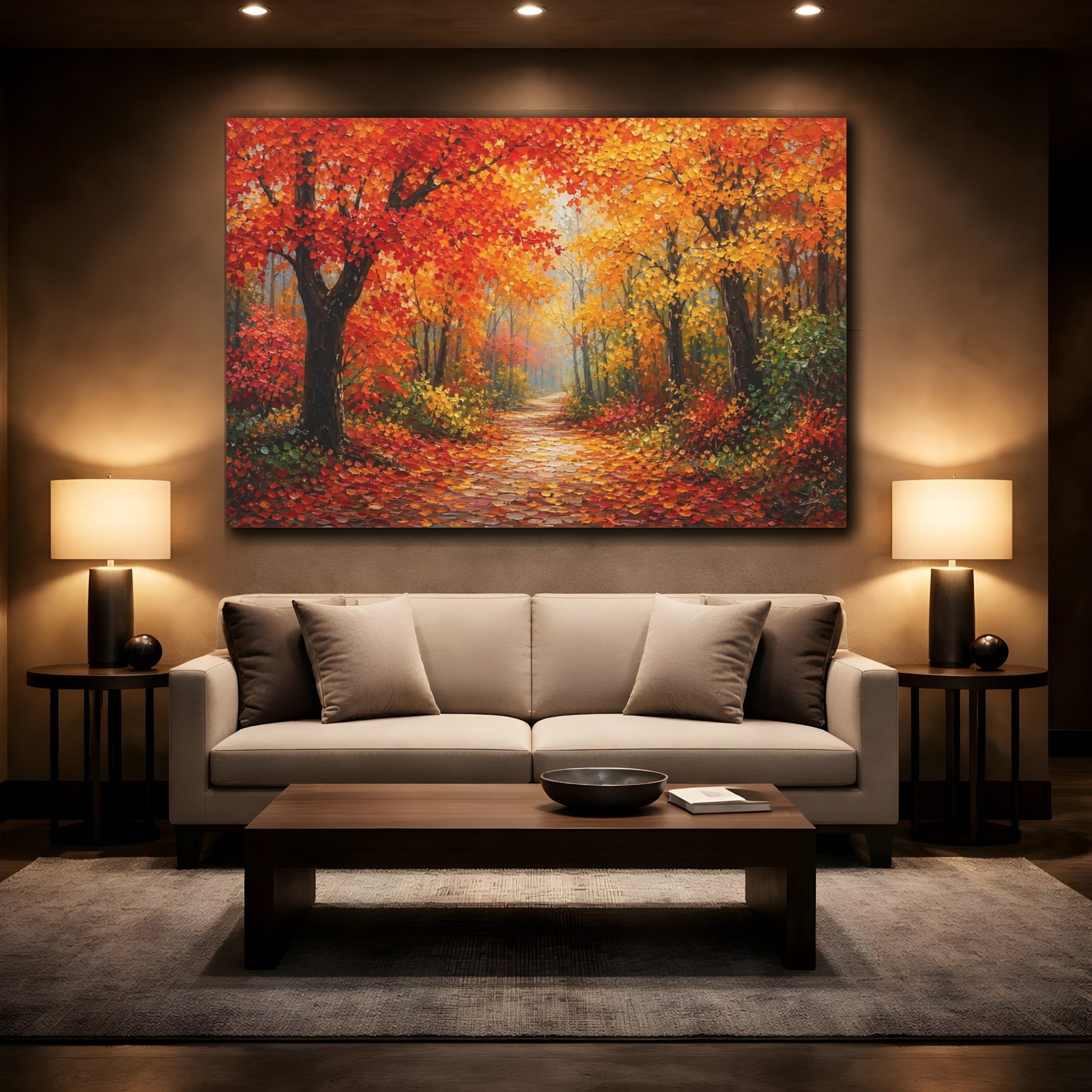 Mockup 2. Nature Autumn Forest Autumn Path shown as stretched canvas wall art