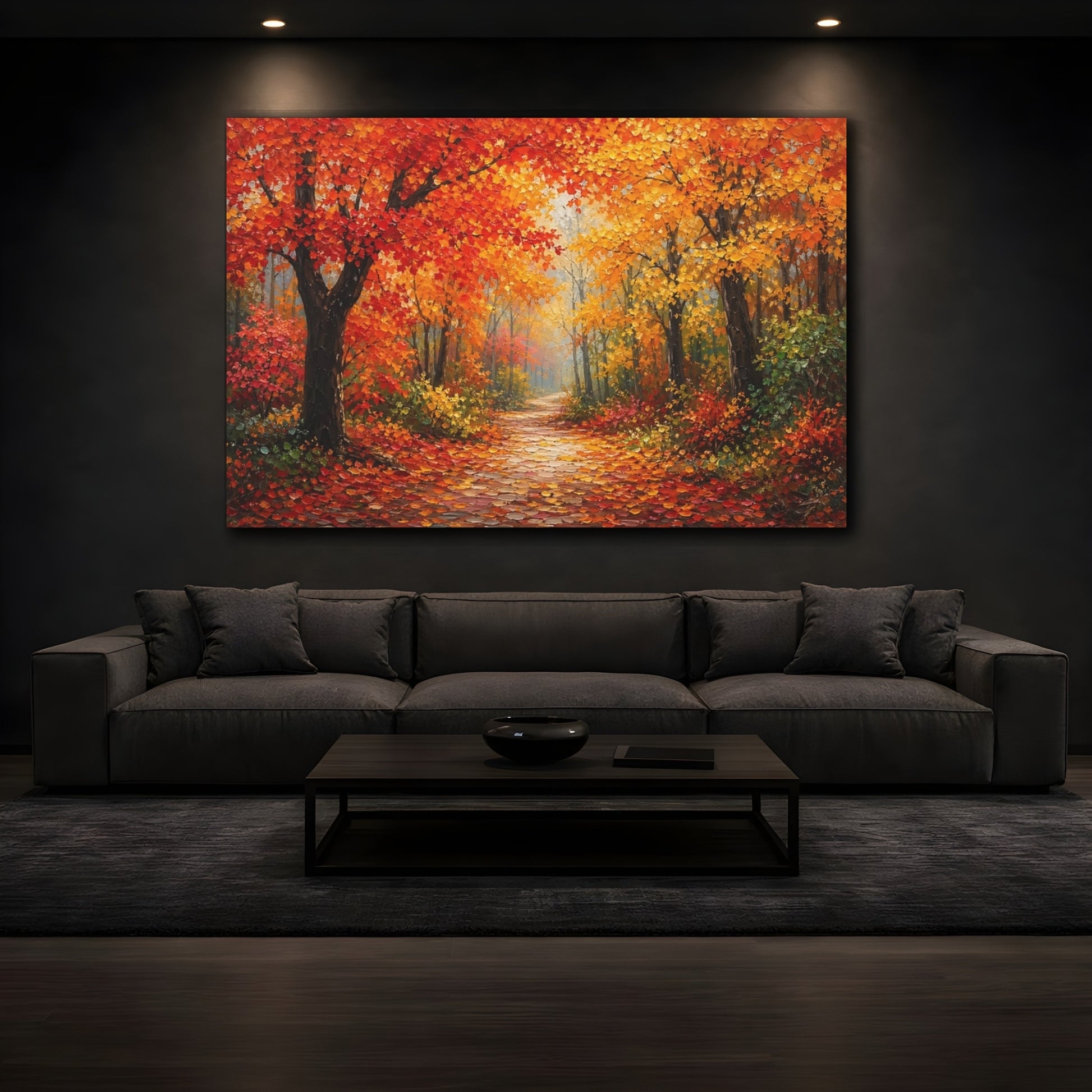 Mockup 3. Nature Autumn Forest Autumn Path shown as stretched canvas wall art