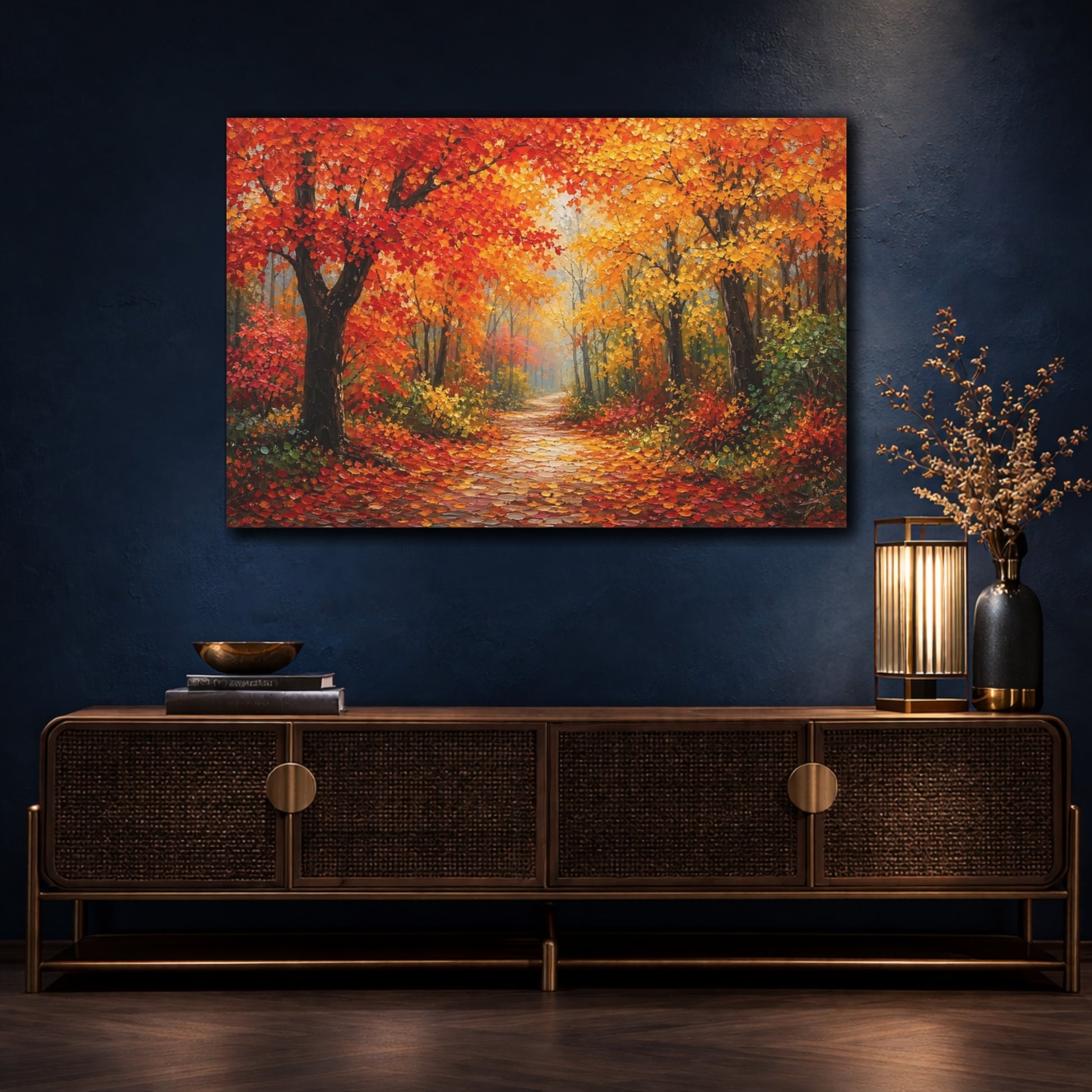 Mockup 4. Nature Autumn Forest Autumn Path shown as stretched canvas wall art