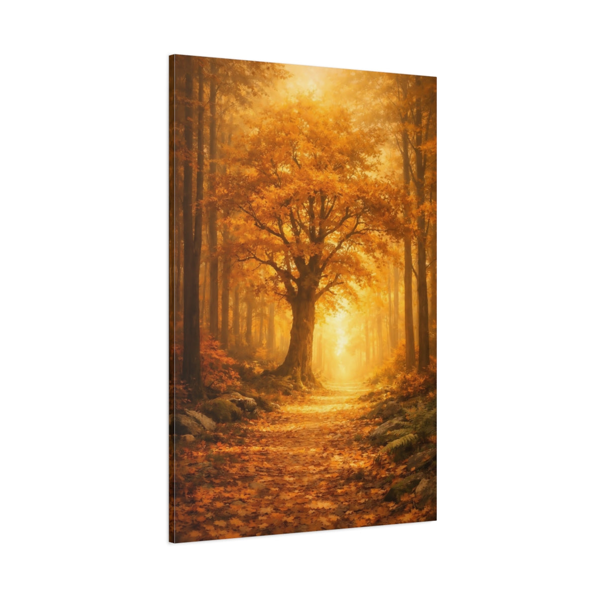 Main Mockup. Nature Autumn Forest Golden Forest Path shown as stretched canvas wall art