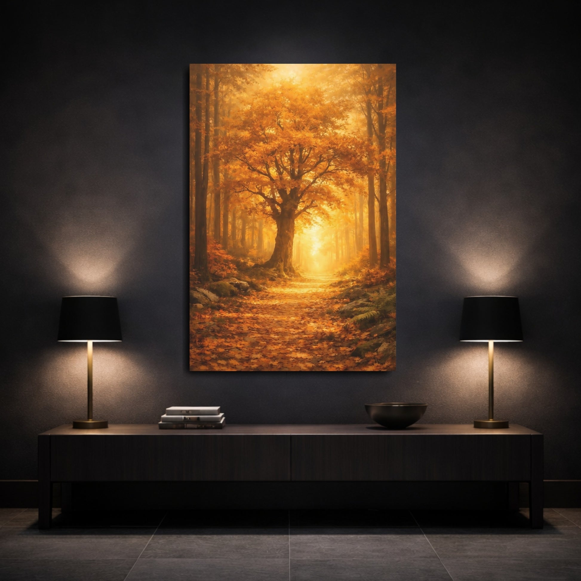 Mockup 2. Nature Autumn Forest Golden Forest Path shown as stretched canvas wall art