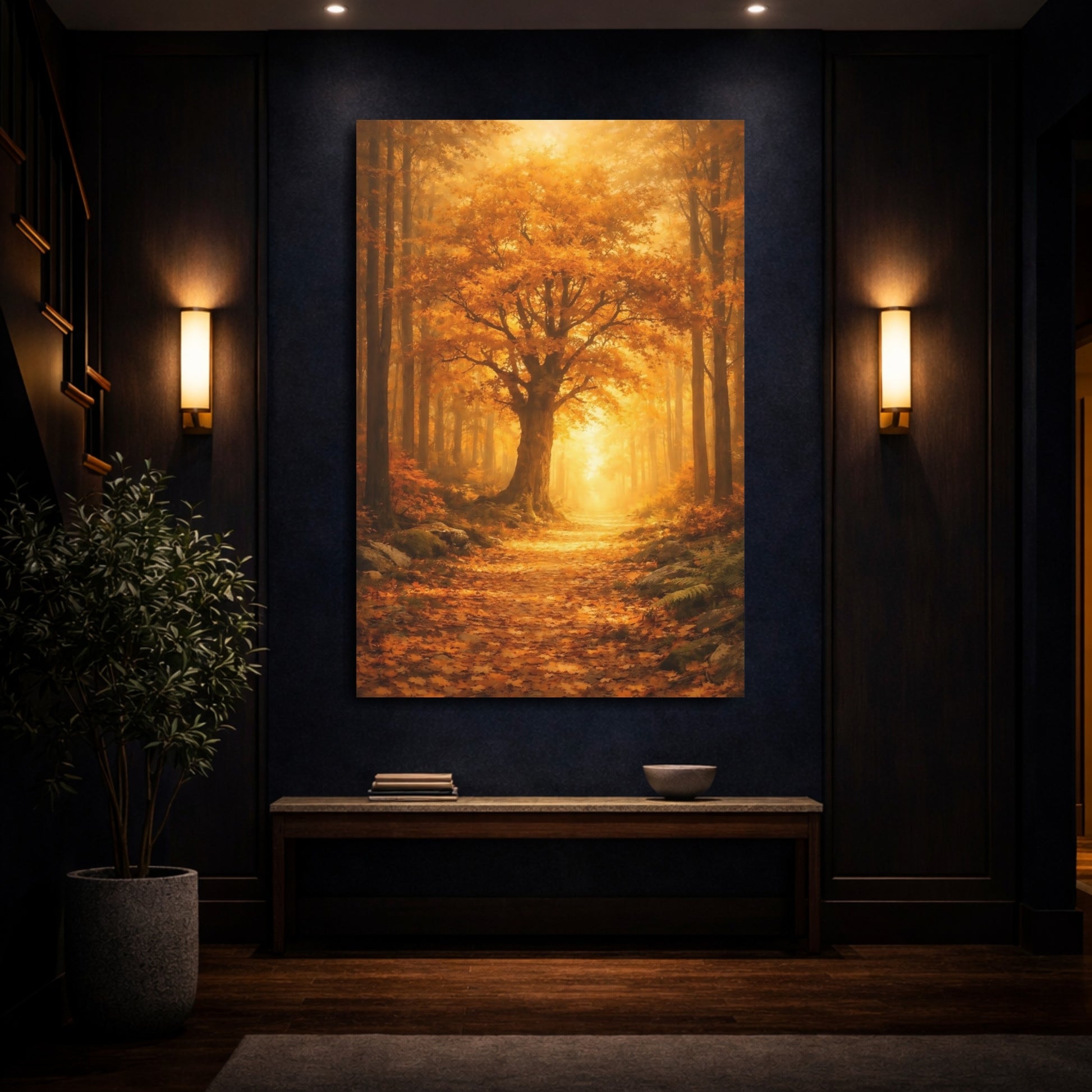 Mockup 3. Nature Autumn Forest Golden Forest Path shown as stretched canvas wall art