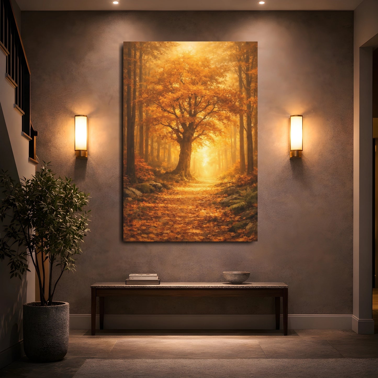 Mockup 4. Nature Autumn Forest Golden Forest Path shown as stretched canvas wall art