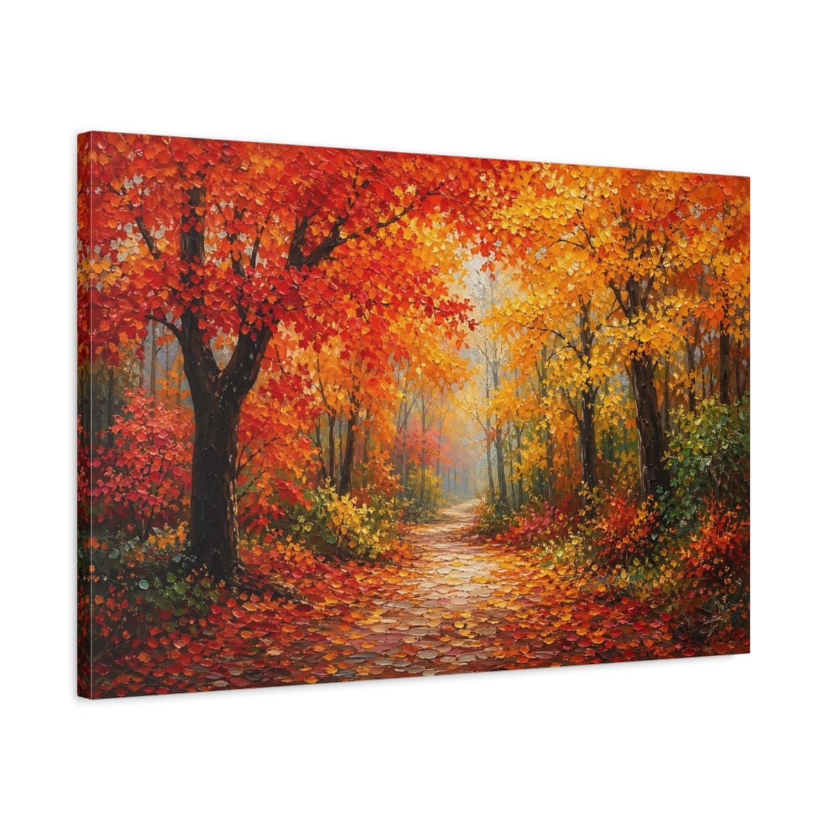 Side Mockup 2. Nature Autumn Forest Autumn Path shown as stretched canvas wall art