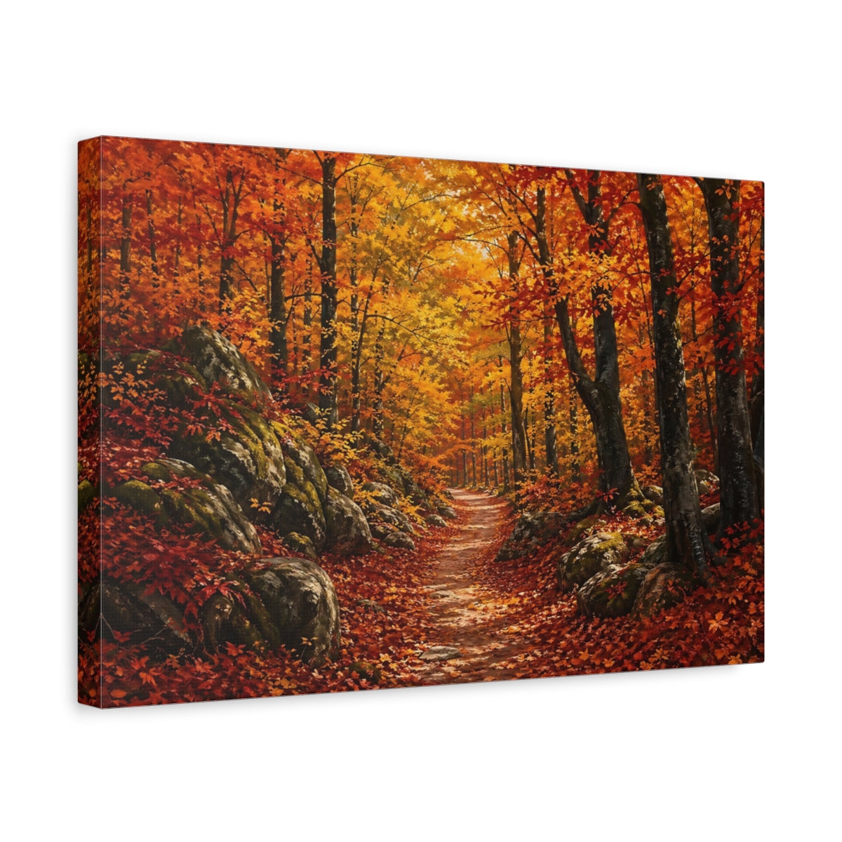 Side Mockup 4. Nature Autumn Forest Autumn Forest Path shown as stretched canvas wall art