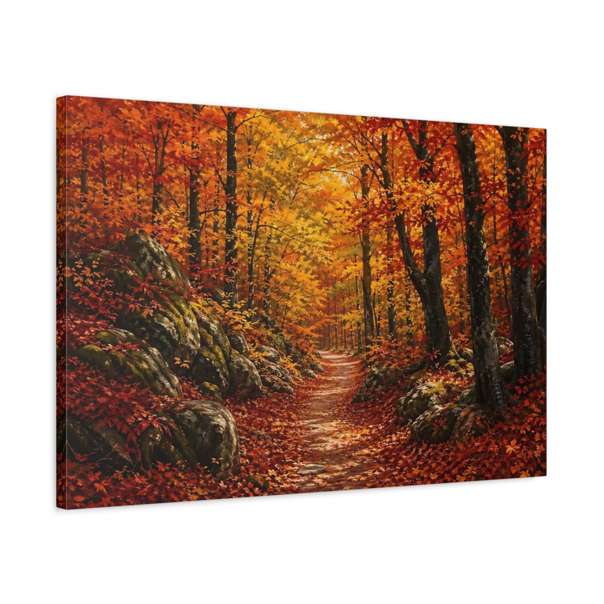 Side Mockup 2. Nature Autumn Forest Autumn Forest Path shown as stretched canvas wall art