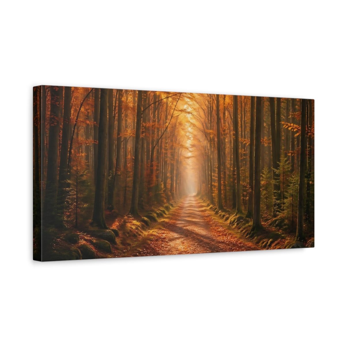 Side Mockup 3. Nature Autumn Forest Autumn Forest Path shown as stretched canvas wall art