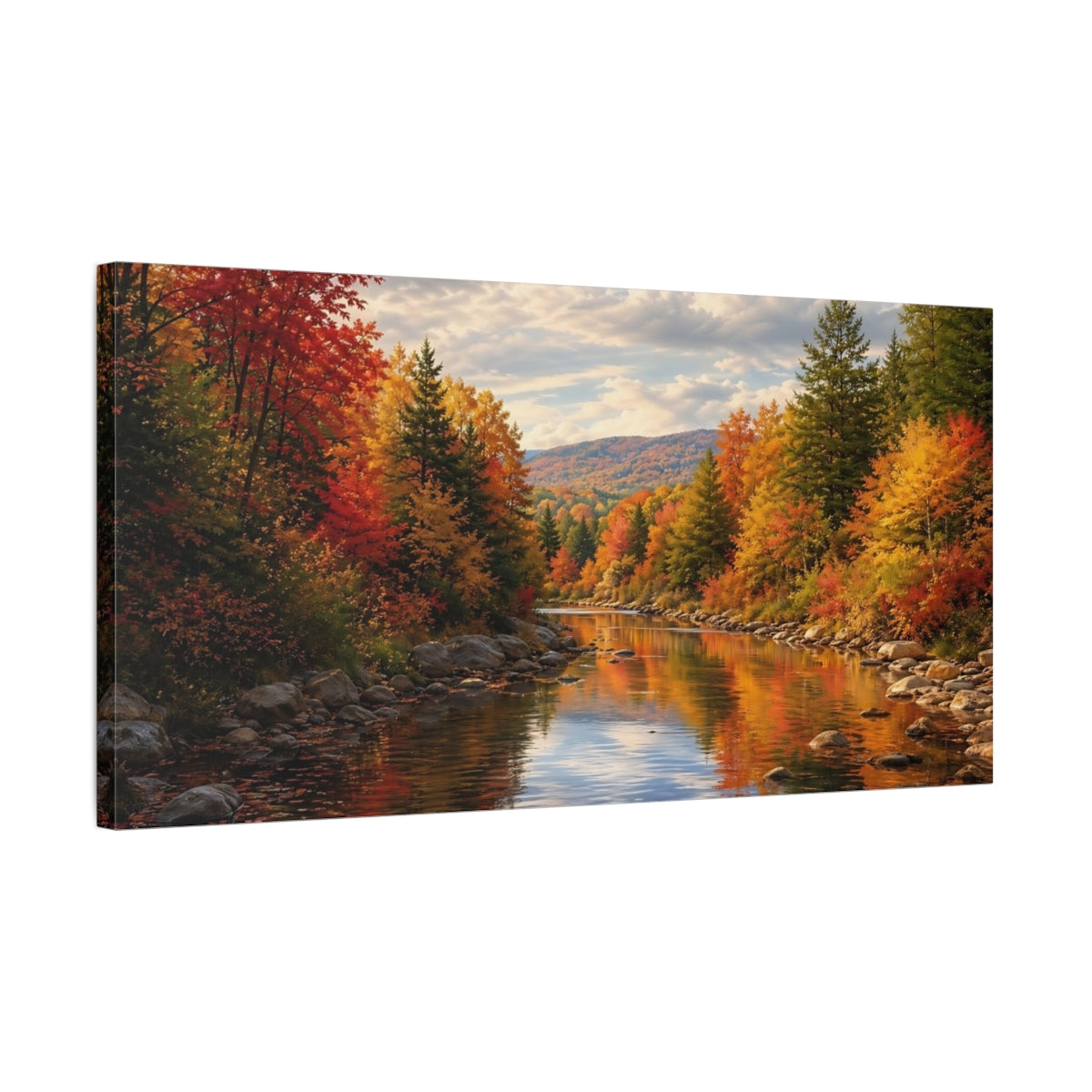 Side Mockup 1. Nature Autumn Forest Red Orange Green shown as stretched canvas wall art