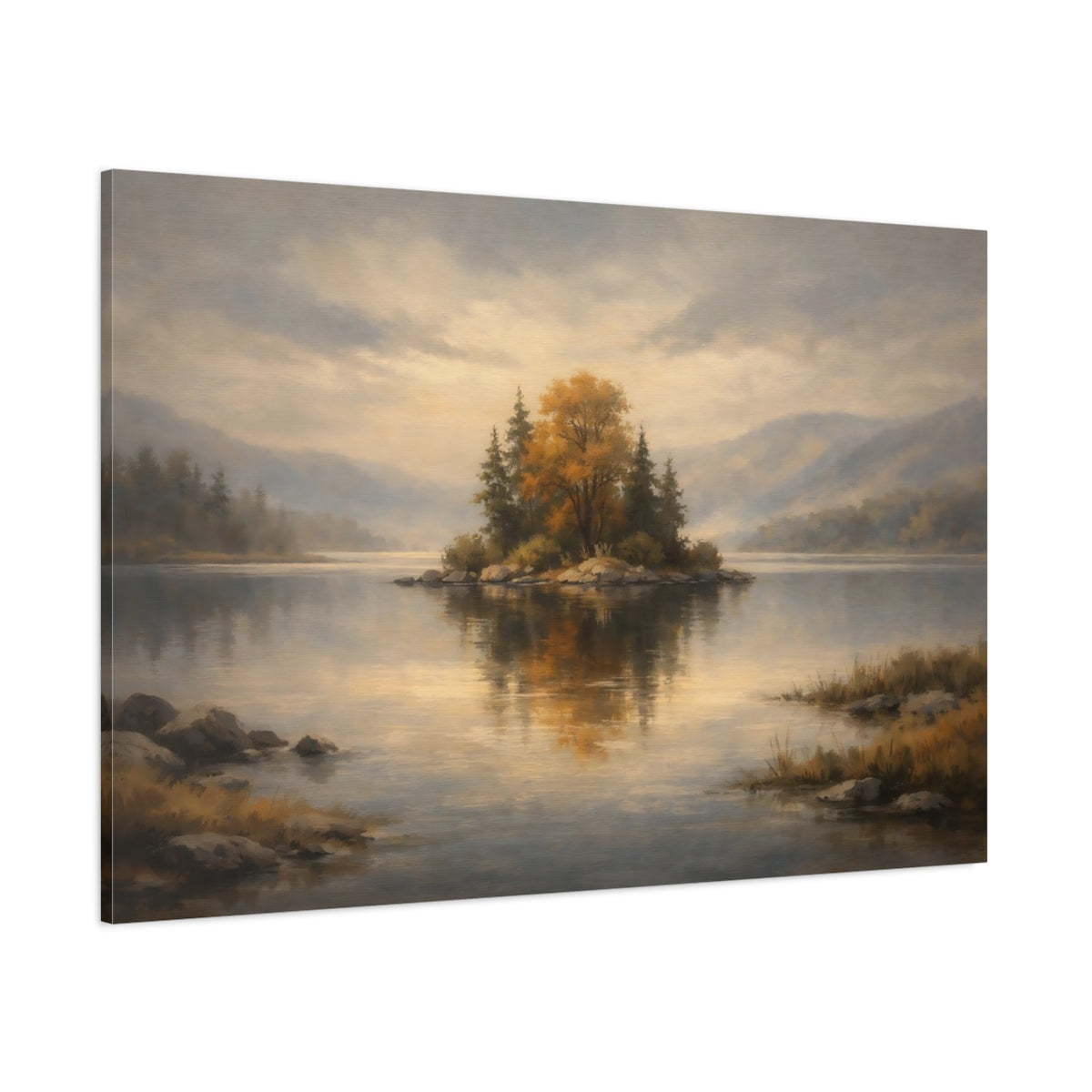 Main Mockup. Nature Autumn Island Autumn Lake Landscape shown as stretched canvas wall art