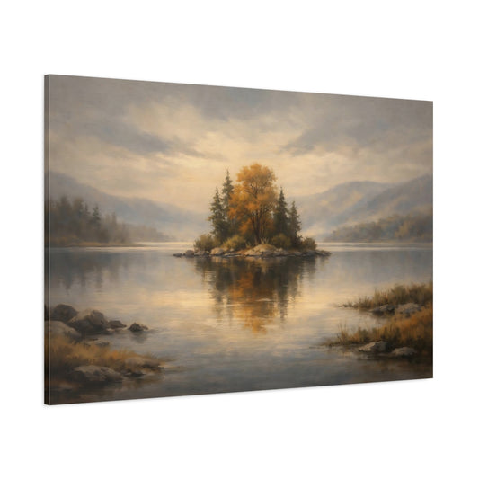 Main Mockup. Nature Autumn Island Autumn Lake Landscape shown as stretched canvas wall art