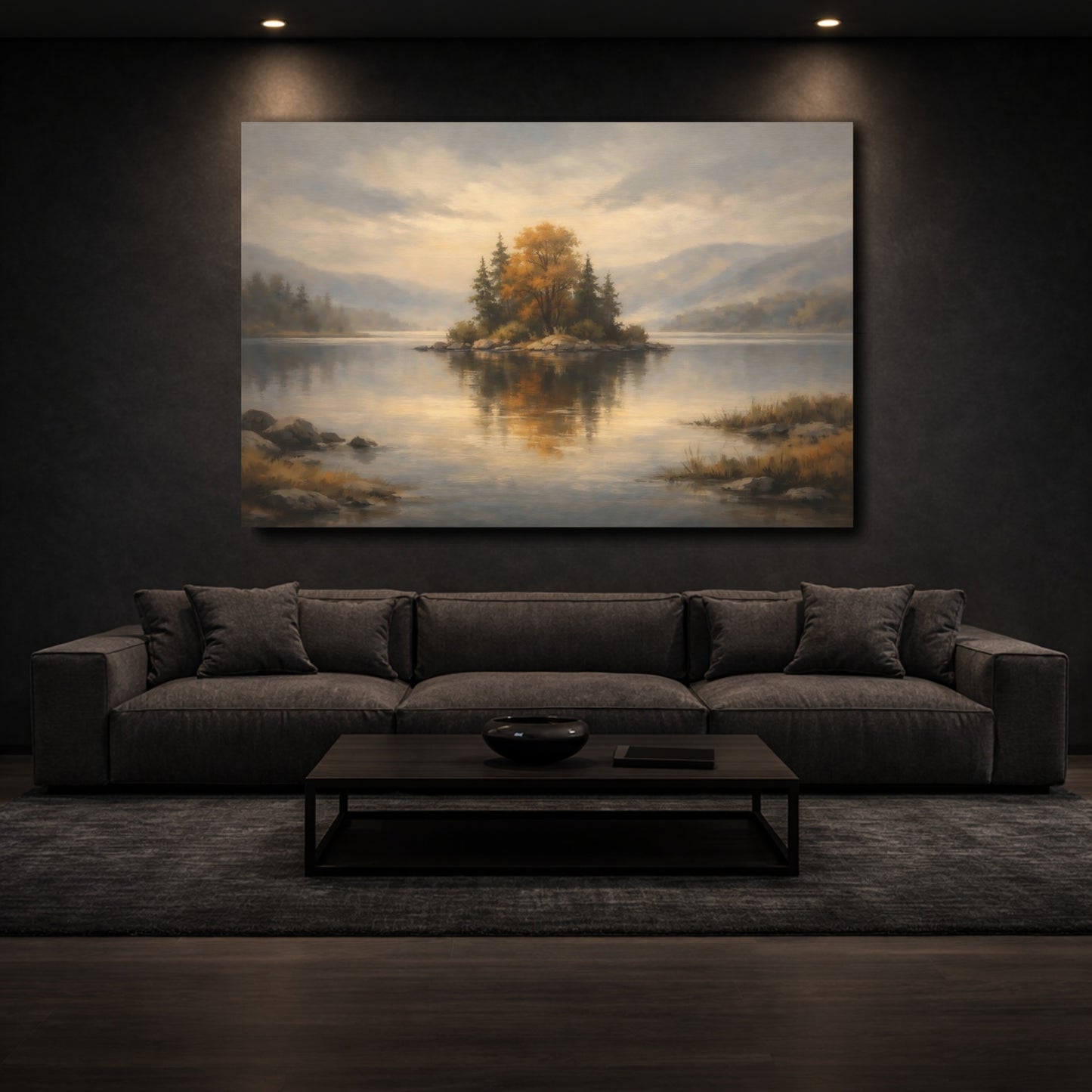Mockup 2. Nature Autumn Island Autumn Lake Landscape shown as stretched canvas wall art