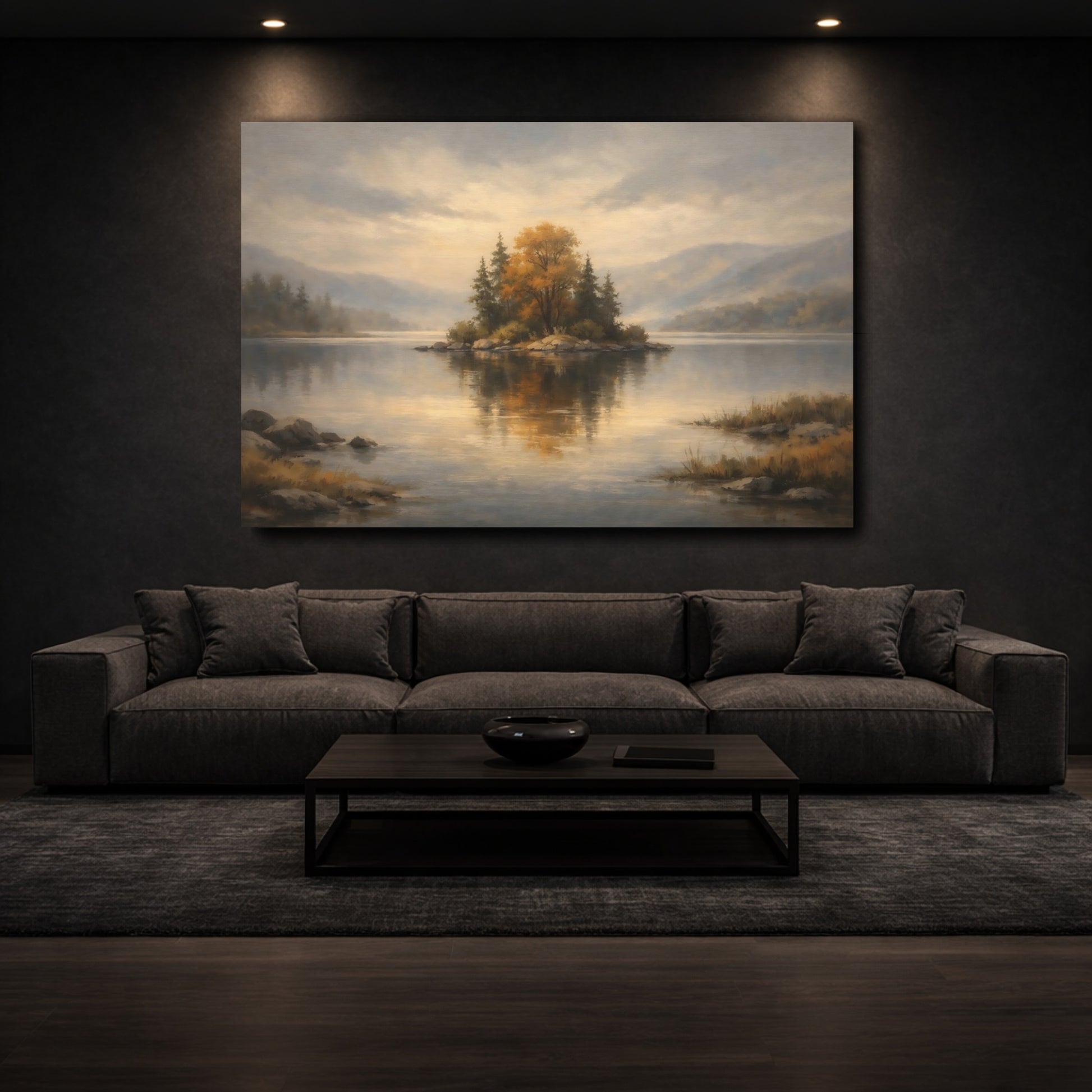 Mockup 2. Nature Autumn Island Autumn Lake Landscape shown as stretched canvas wall art