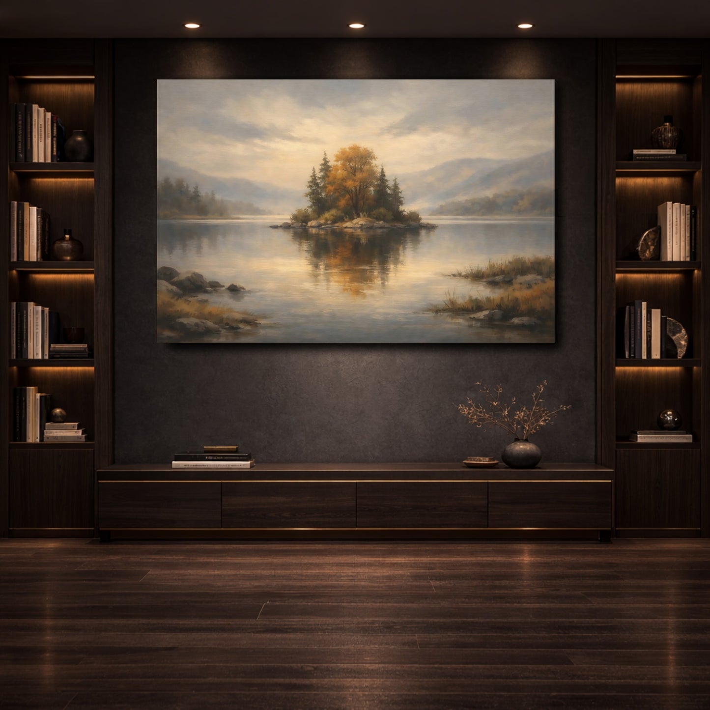 Mockup 3. Nature Autumn Island Autumn Lake Landscape shown as stretched canvas wall art