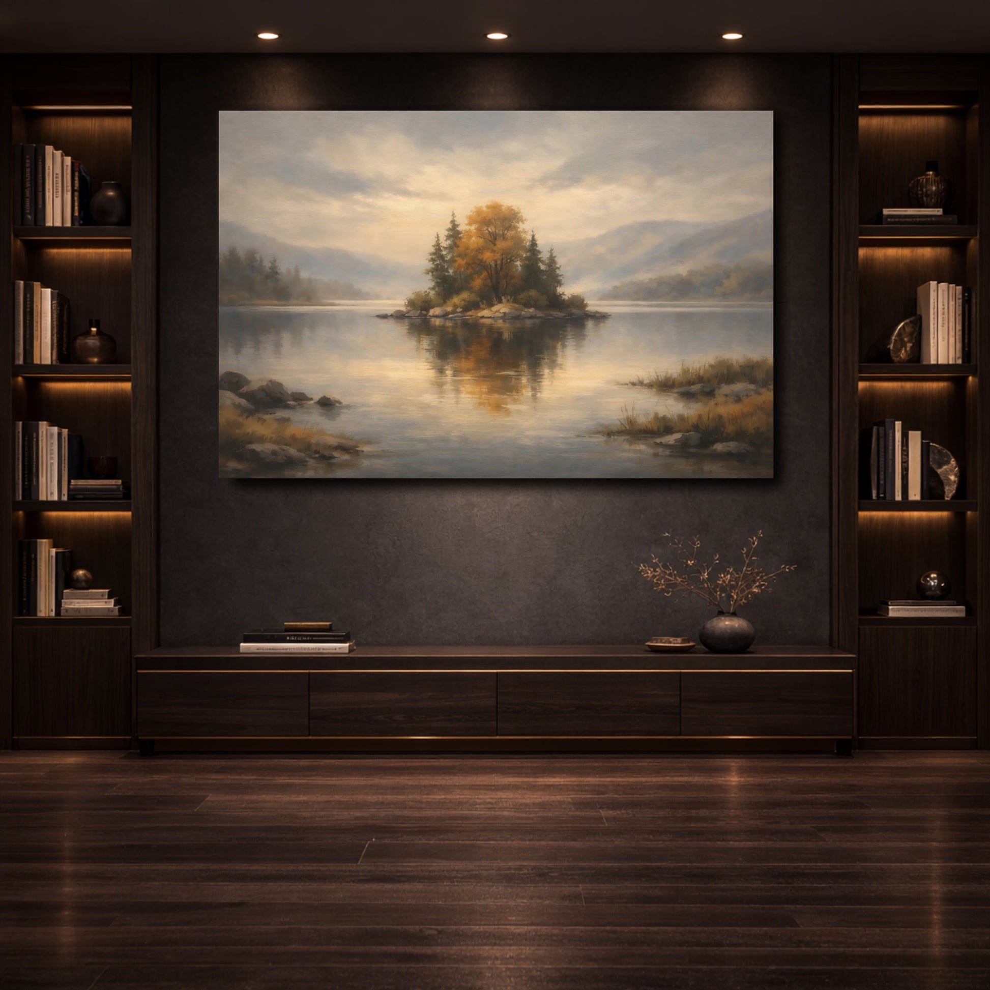 Mockup 3. Nature Autumn Island Autumn Lake Landscape shown as stretched canvas wall art