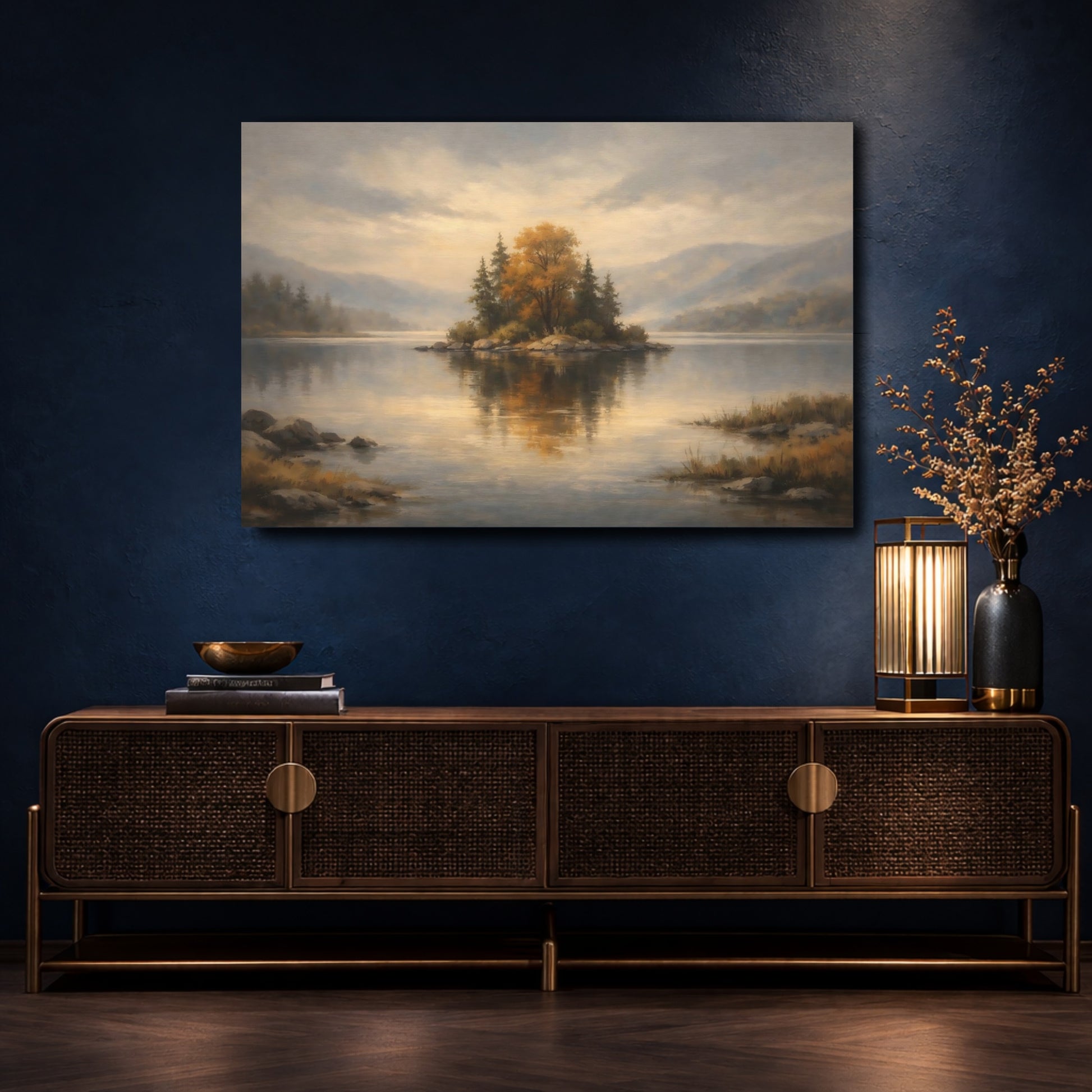 Mockup 4. Nature Autumn Island Autumn Lake Landscape shown as stretched canvas wall art