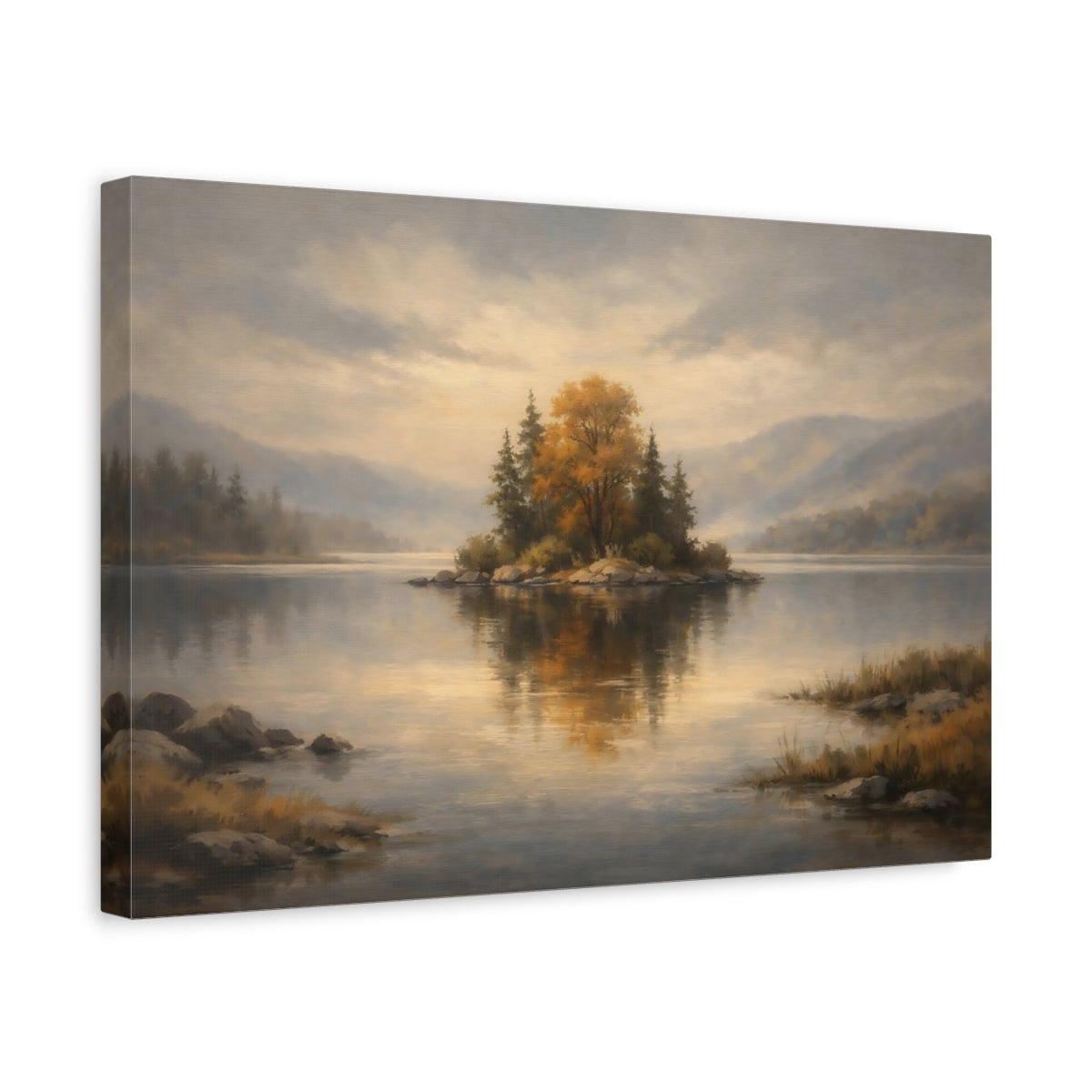 Side Mockup 4. Nature Autumn Island Autumn Lake Landscape shown as stretched canvas wall art