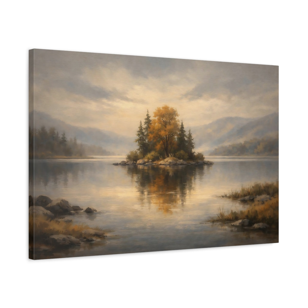 Side Mockup 2. Nature Autumn Island Autumn Lake Landscape shown as stretched canvas wall art