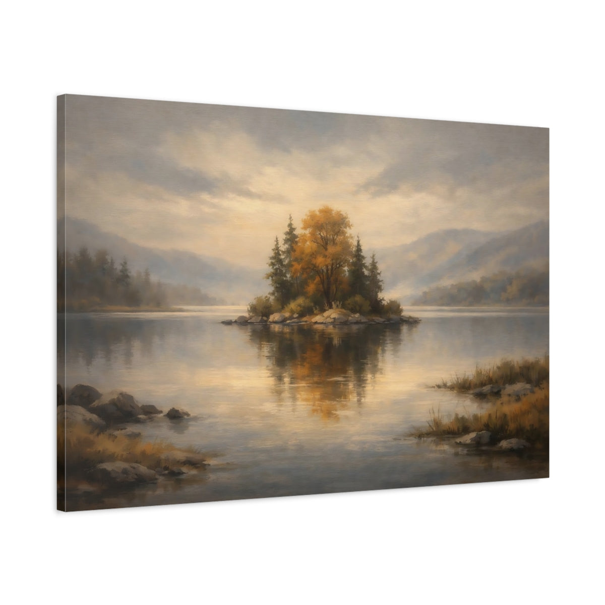 Side Mockup 1. Nature Autumn Island Autumn Lake Landscape shown as stretched canvas wall art