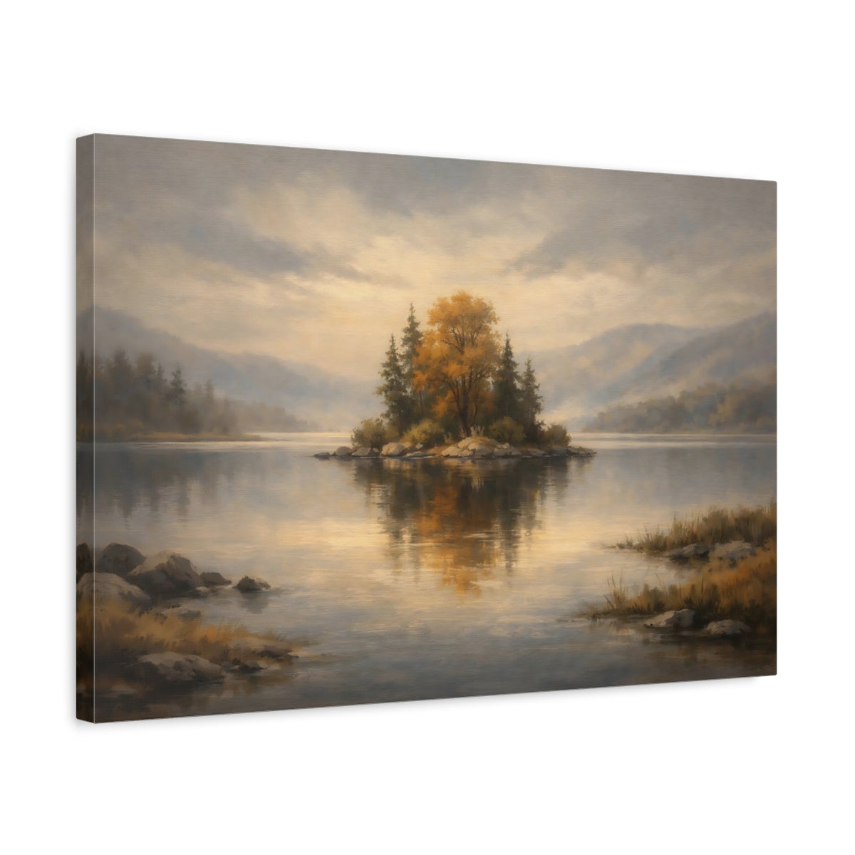 Side Mockup 3. Nature Autumn Island Autumn Lake Landscape shown as stretched canvas wall art