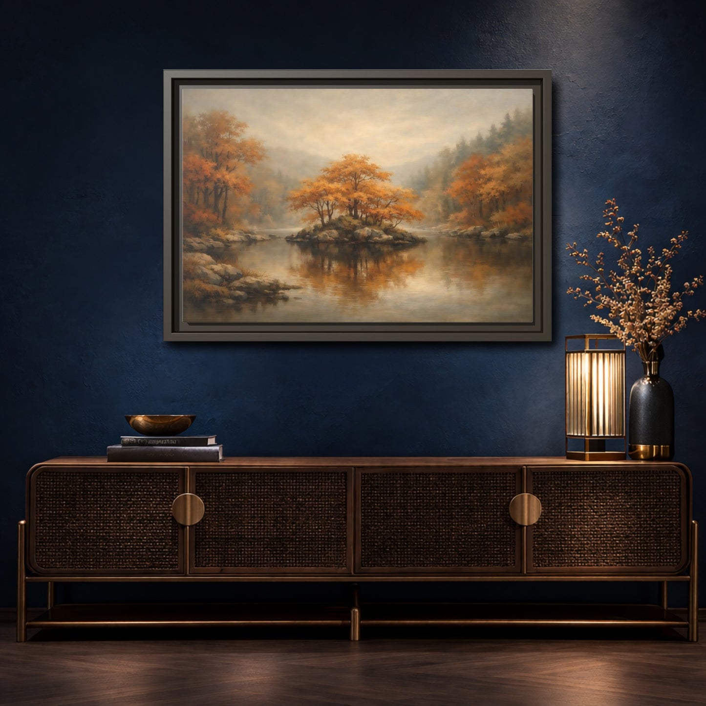 Mockup 4. Nature Autumn Island Orange Autumn Landscape shown as stretched canvas wall art