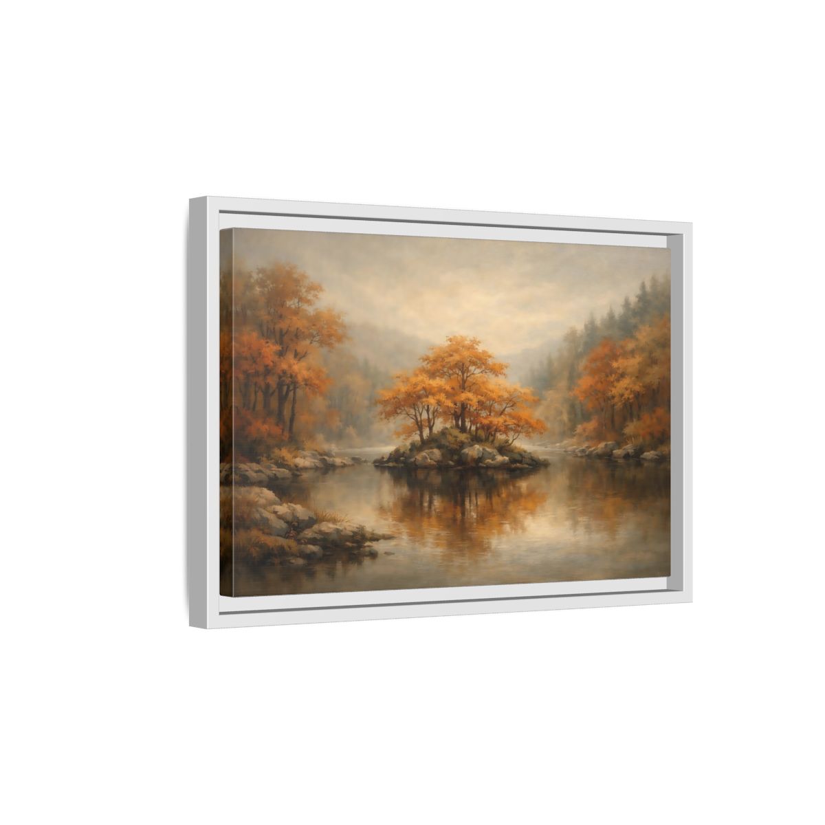 Side Mockup 4. Nature Autumn Island Orange Autumn Landscape shown as stretched canvas wall art