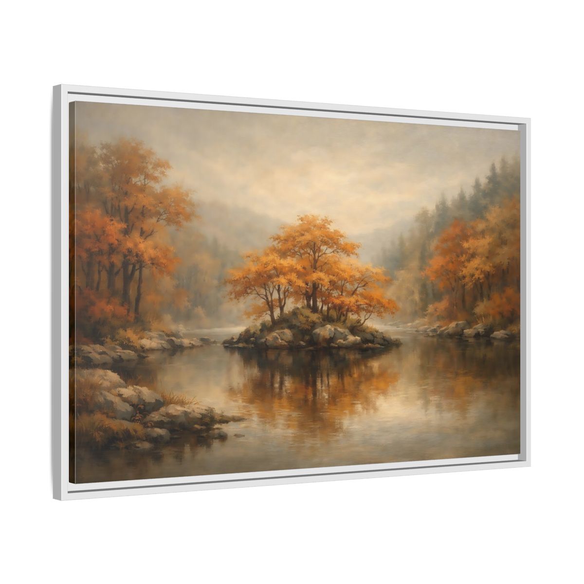 Side Mockup 8. Nature Autumn Island Orange Autumn Landscape shown as stretched canvas wall art