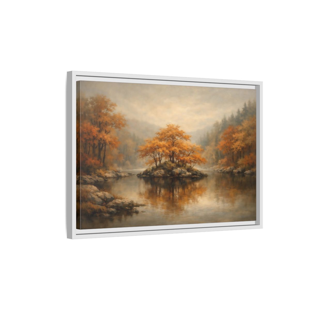 Side Mockup 1. Nature Autumn Island Orange Autumn Landscape shown as stretched canvas wall art