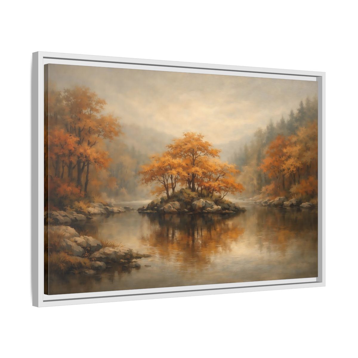 Side Mockup 10. Nature Autumn Island Orange Autumn Landscape shown as stretched canvas wall art
