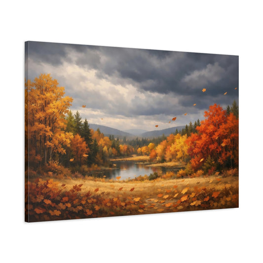 Main Mockup. Nature Autumn Landscape Autumn Orange Gold shown as stretched canvas wall art