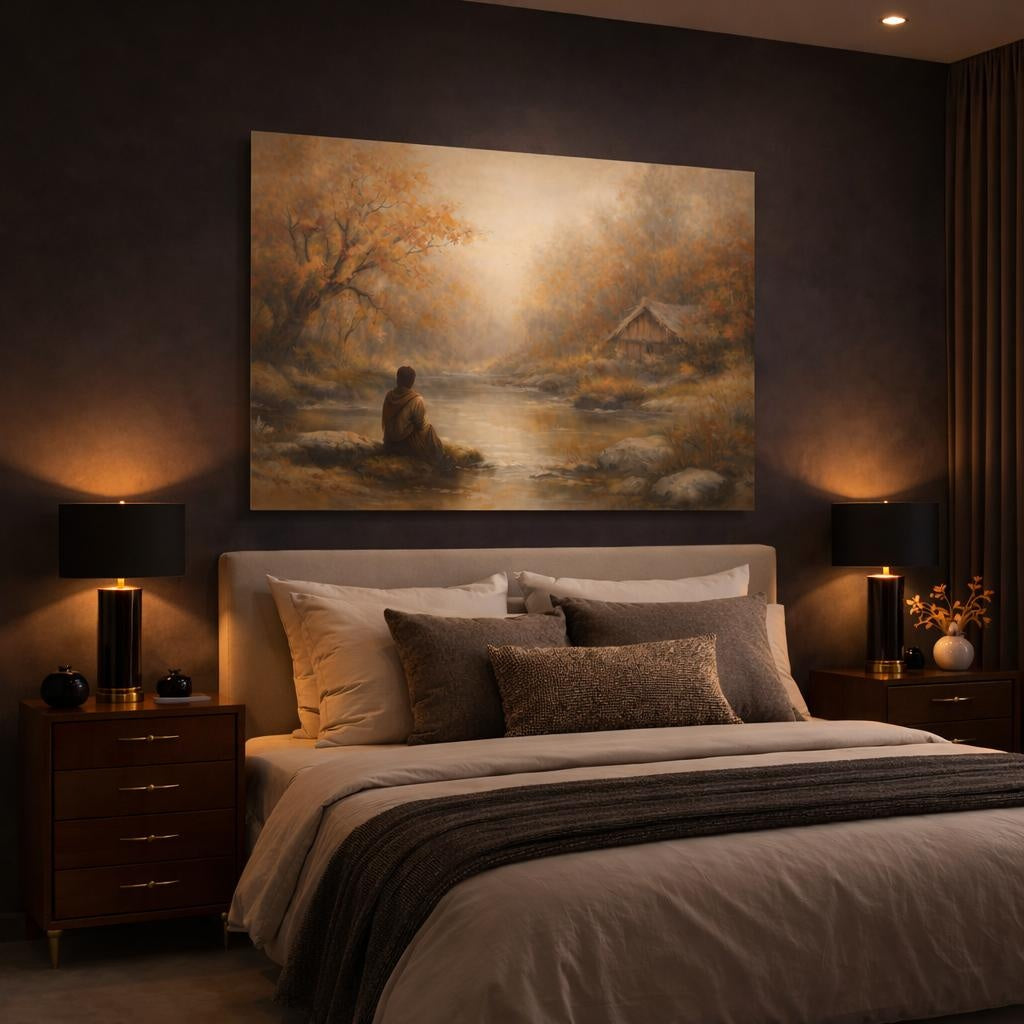 Nature Autumn Landscape Golden Autumn shown as canvas wall art in a luxury bedroom