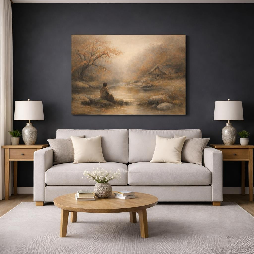 Nature Autumn Landscape Golden Autumn shown as canvas wall art in a modern living room