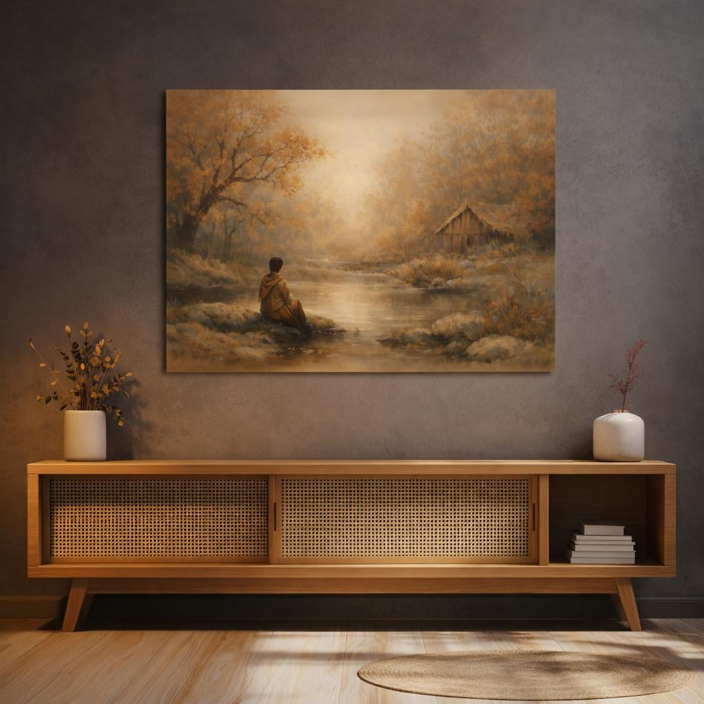 Nature Autumn Landscape Golden Autumn shown as canvas wall art in a sophisticated contemporary living space
