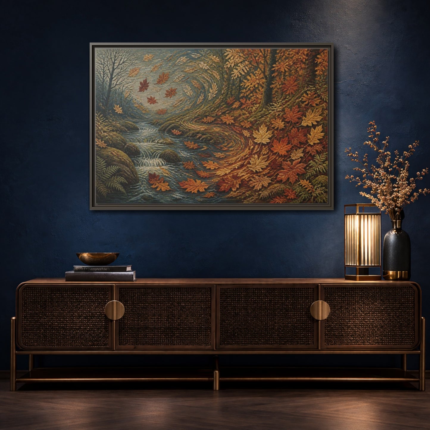 Mockup 4. Nature Autumn Leaves Tapestry shown as framed canvas print