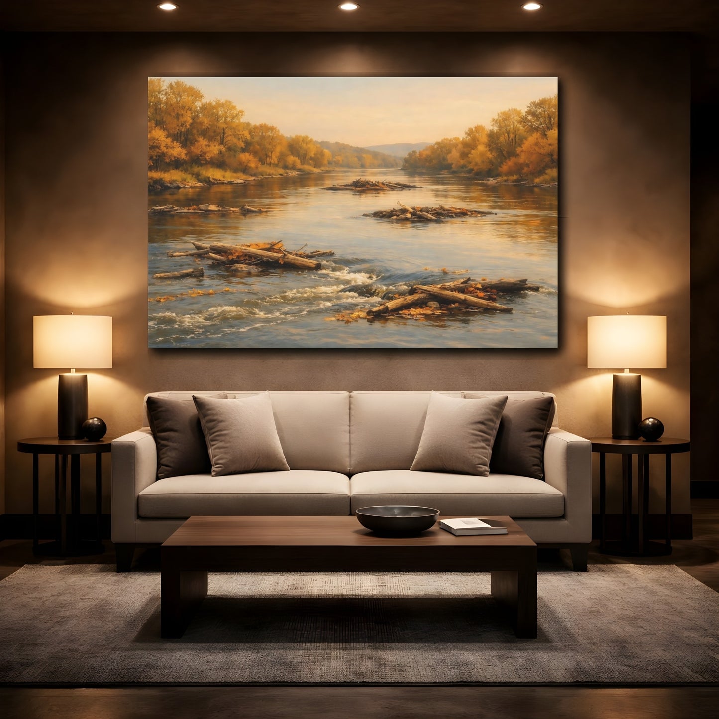 Mockup 3. Nature Autumn River Golden Autumn shown as stretched canvas wall art