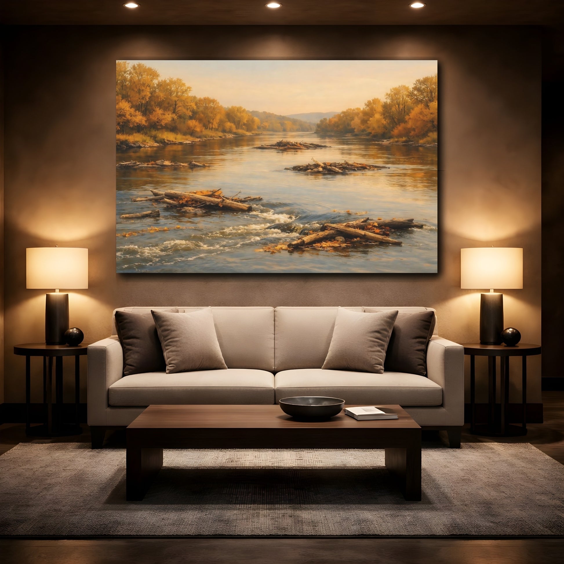Mockup 3. Nature Autumn River Golden Autumn shown as stretched canvas wall art