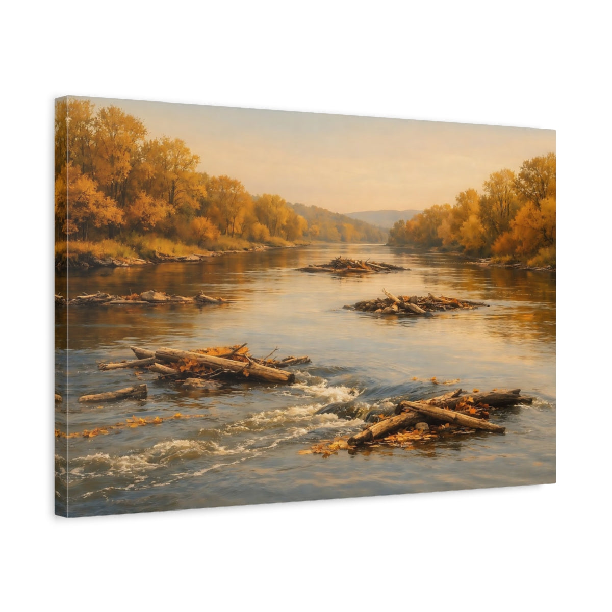 Side Mockup 3. Nature Autumn River Golden Autumn shown as stretched canvas wall art