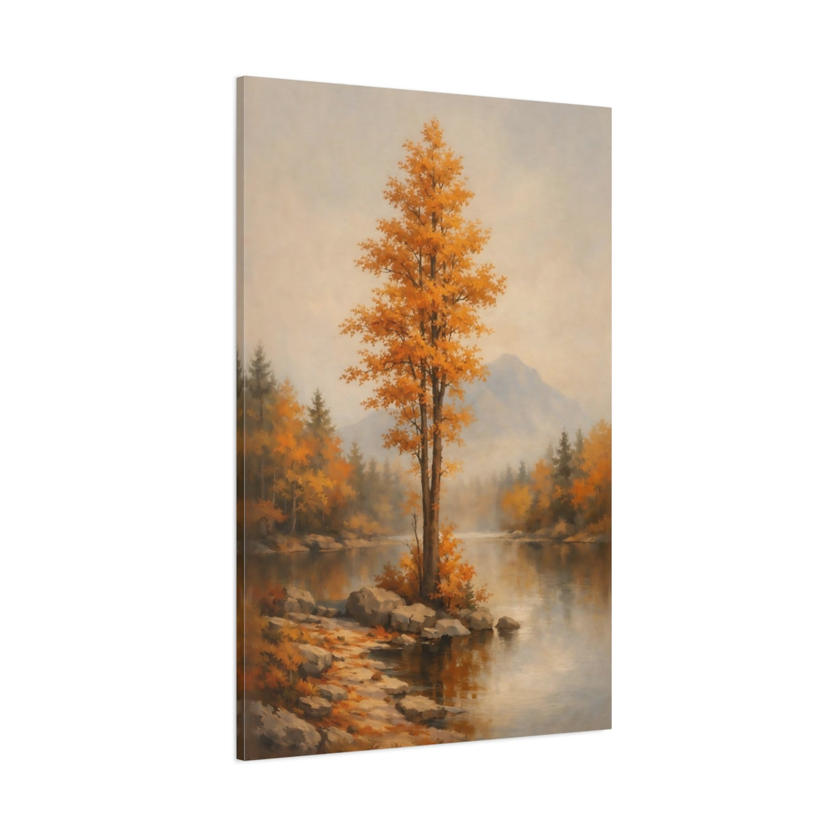 Main Mockup. Nature Autumn Tree Autumn Lake Scene shown as stretched canvas wall art