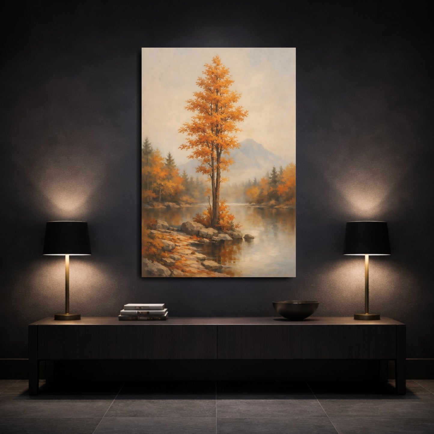 Mockup 2. Nature Autumn Tree Autumn Lake Scene shown as stretched canvas wall art