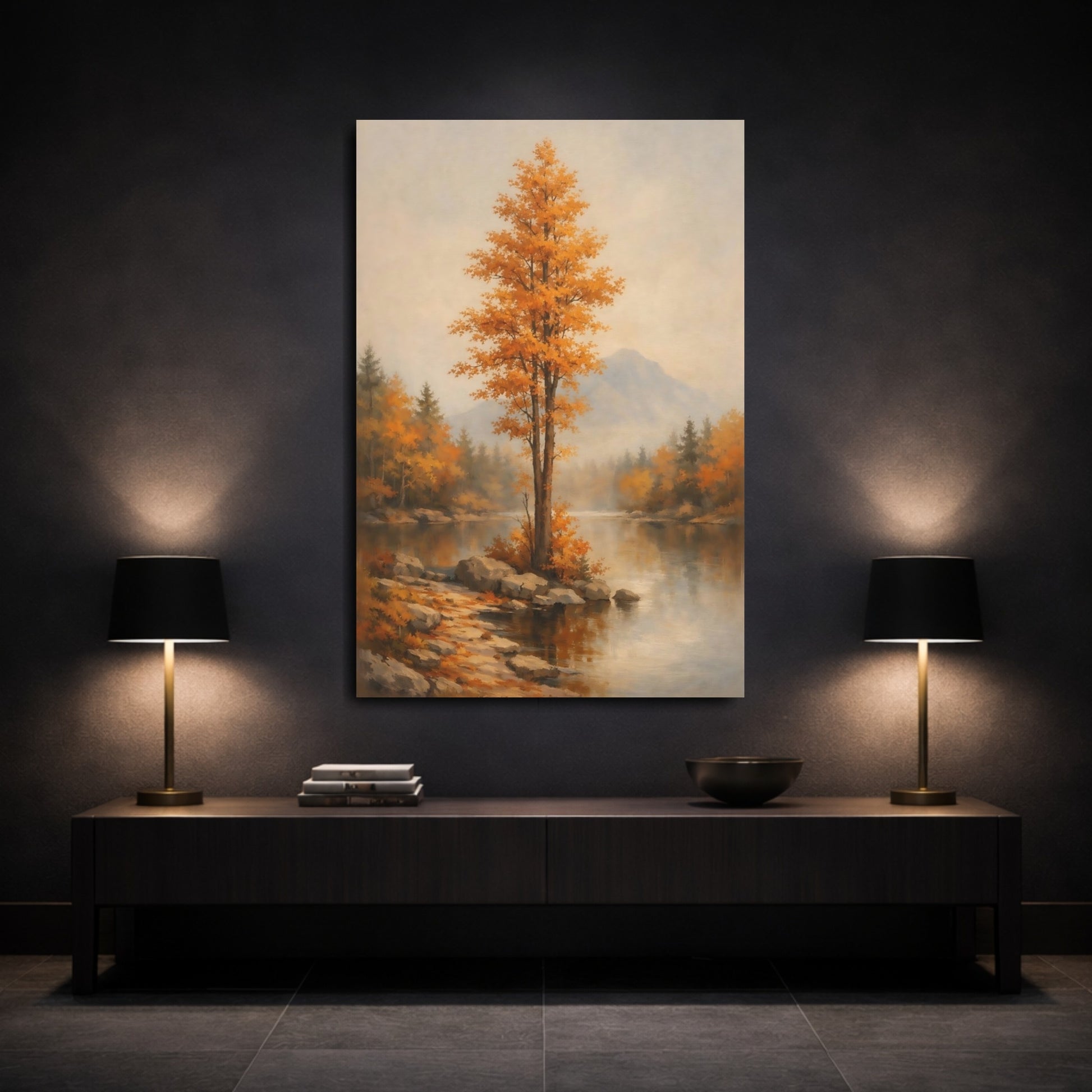 Mockup 2. Nature Autumn Tree Autumn Lake Scene shown as stretched canvas wall art