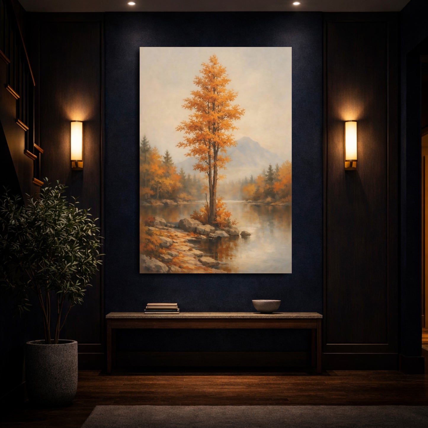 Mockup 3. Nature Autumn Tree Autumn Lake Scene shown as stretched canvas wall art
