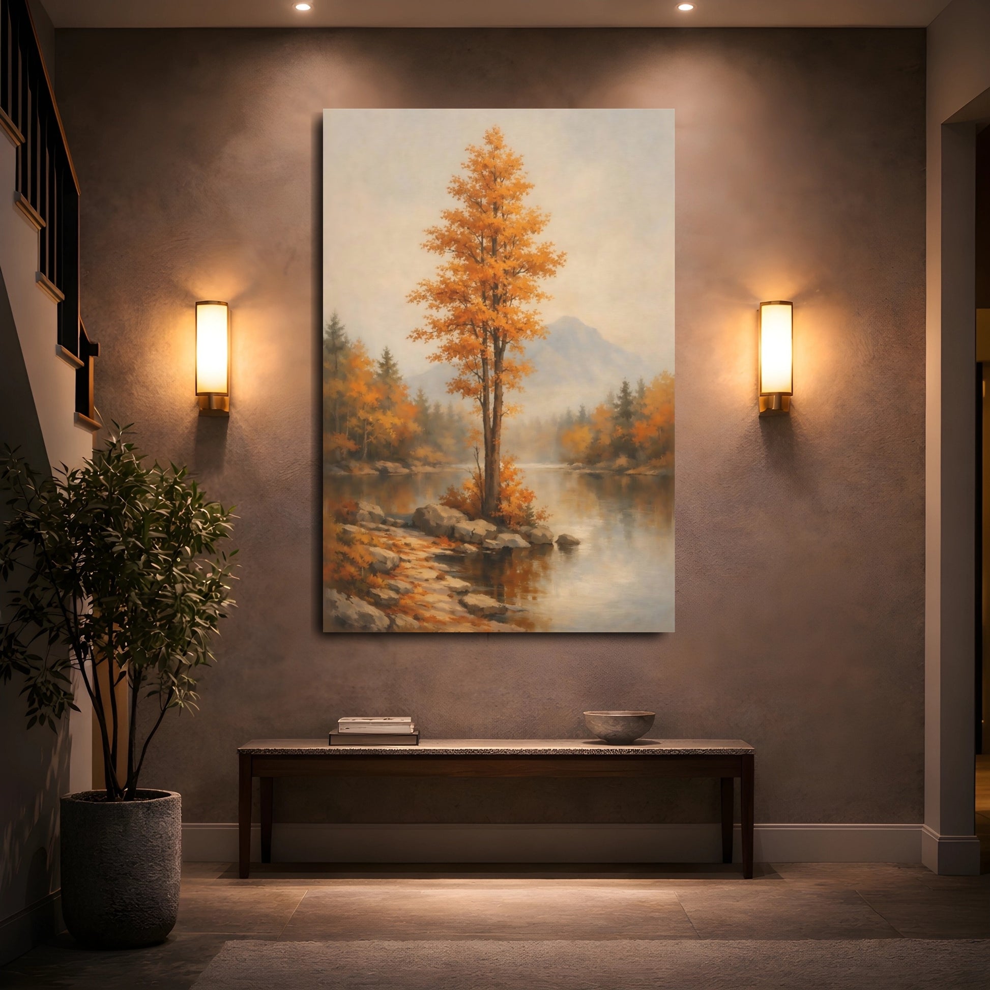 Mockup 4. Nature Autumn Tree Autumn Lake Scene shown as stretched canvas wall art