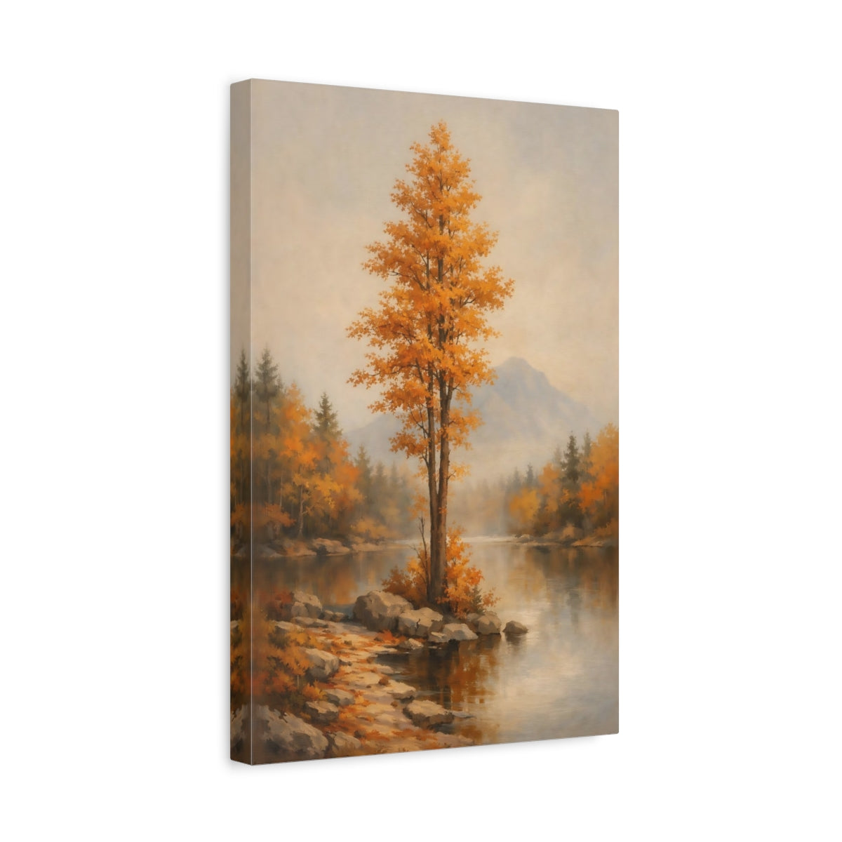 Side Mockup 4. Nature Autumn Tree Autumn Lake Scene shown as stretched canvas wall art