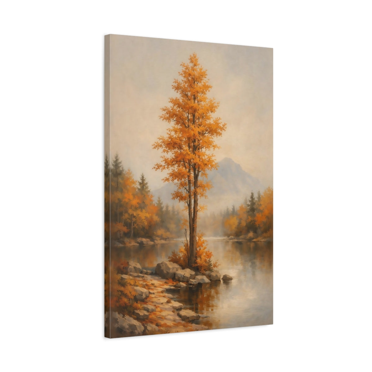 Side Mockup 2. Nature Autumn Tree Autumn Lake Scene shown as stretched canvas wall art