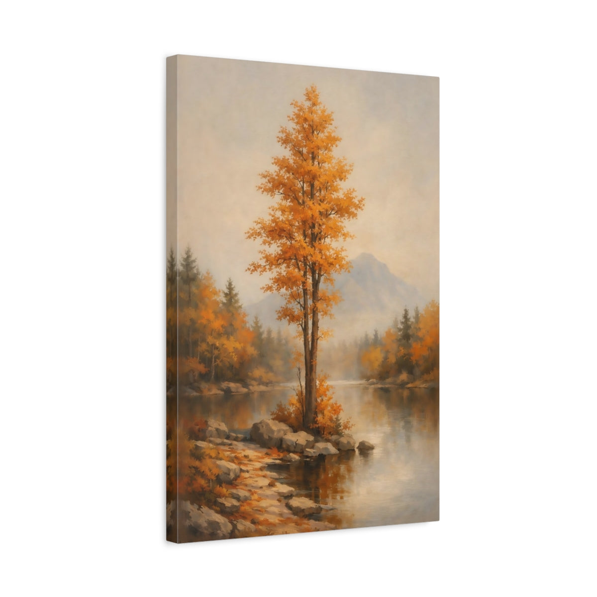 Side Mockup 3. Nature Autumn Tree Autumn Lake Scene shown as stretched canvas wall art