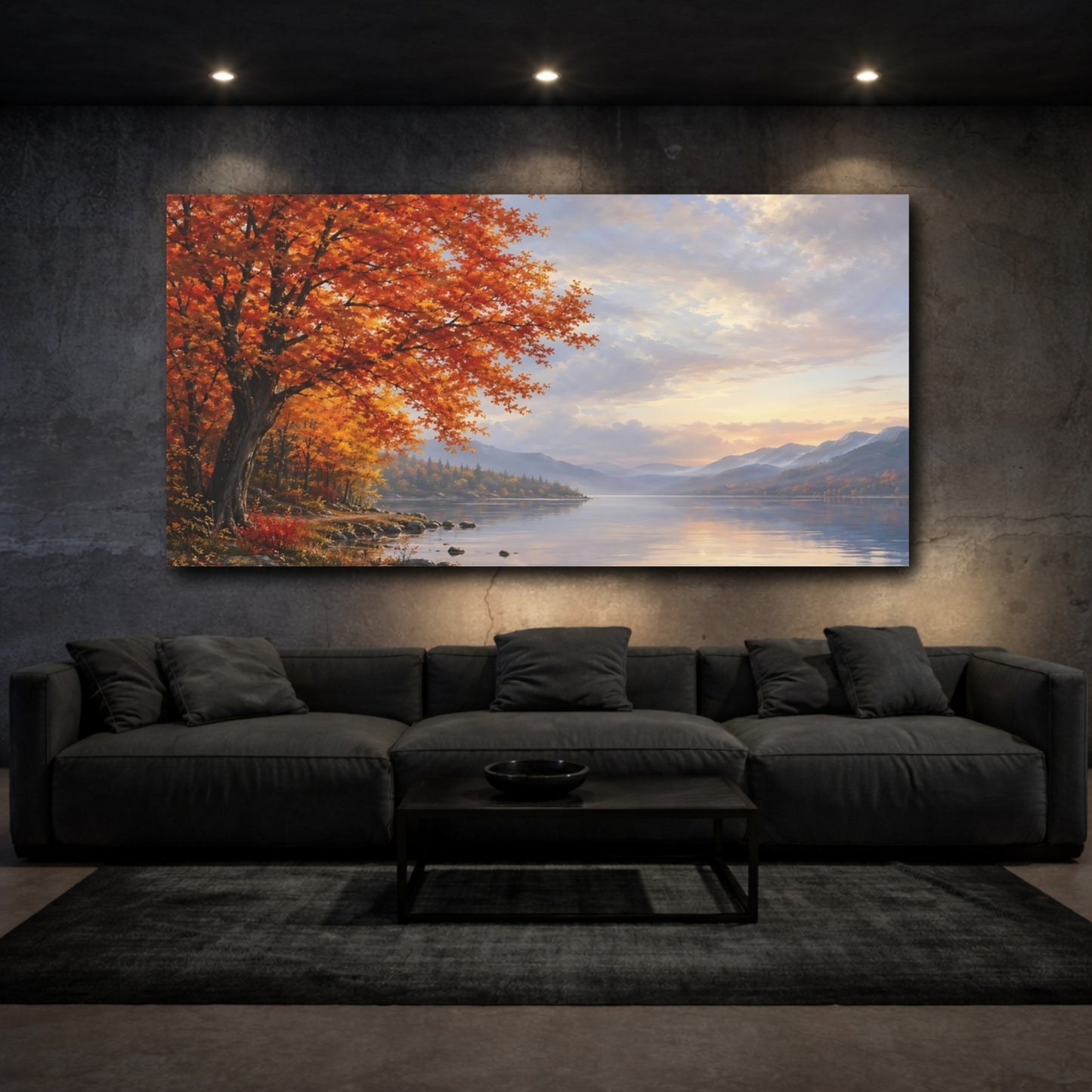 Mockup 2. Nature Autumn Tree Orange And Blue Autumn shown as stretched canvas wall art