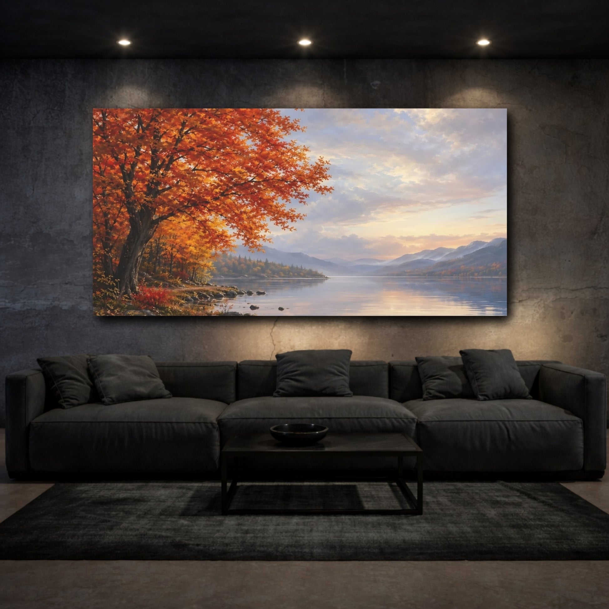 Mockup 2. Nature Autumn Tree Orange And Blue Autumn shown as stretched canvas wall art